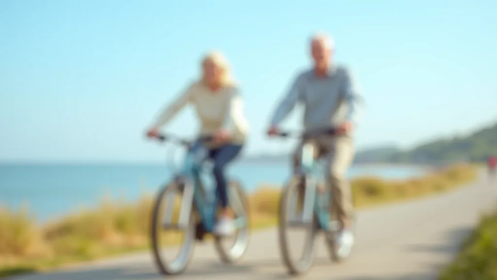 Scenic coastal bicycle path with elderly cyclists riding along flat terrain near Pāvilosta, blue sky and sea horizon