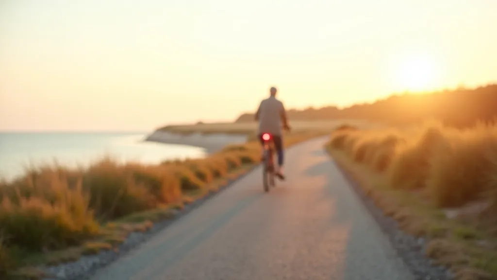 Flat paved cycling path along Baltic coast with dunes on one side and calm water view, golden hour lighting