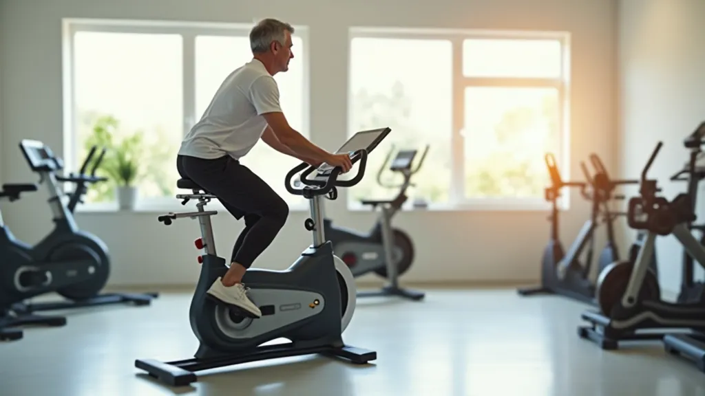 Stationary bike in bright modern gym, equipment visible, empty studio with large windows and morning light