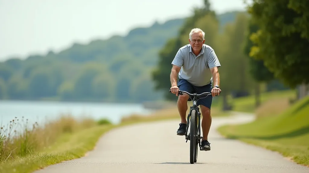 Senior cyclist riding bike on flat coastal path with scenic water view