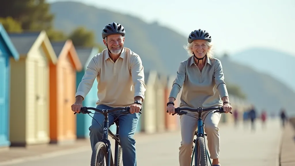 Two seniors cycling together on scenic coastal path