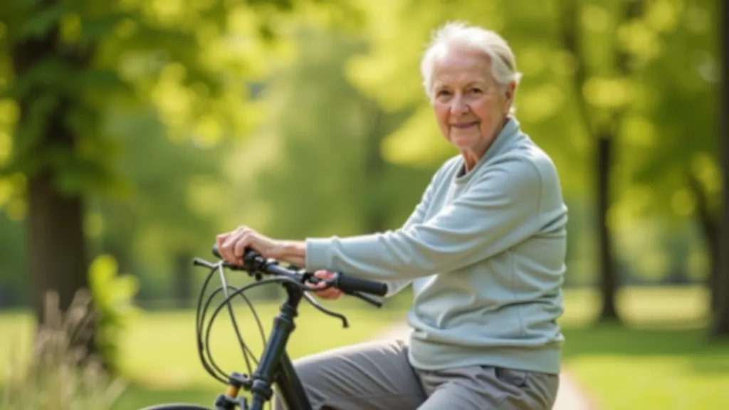 Senior woman adjusting bicycle seat height on comfortable cruiser bike in outdoor setting