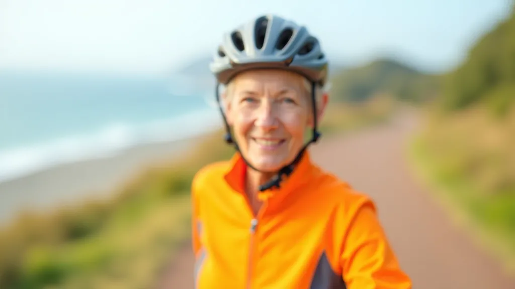 Woman aged 65-70 in bright cycling gear pausing on path to look at coastal landscape, relaxed posture, natural lighting